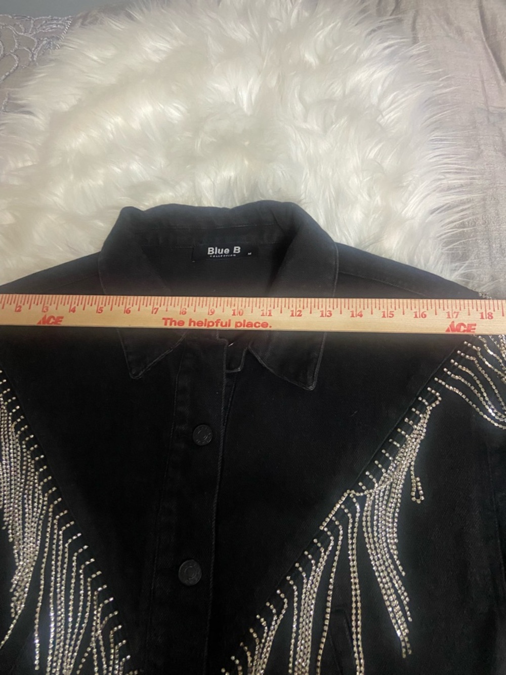 Blue B Sz M Washed Black Cropped Rhinestone Fringe Denim Jacket - Designer Style - Picture 12 of 15